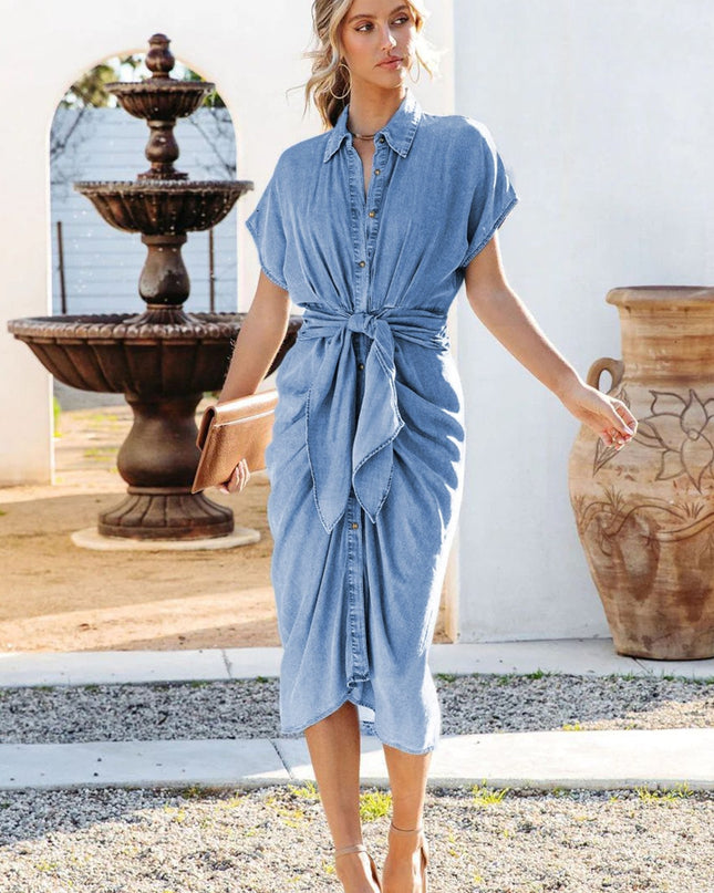 Gina Toplanmış Düğümlü Kot Midi Gömlek Elbise