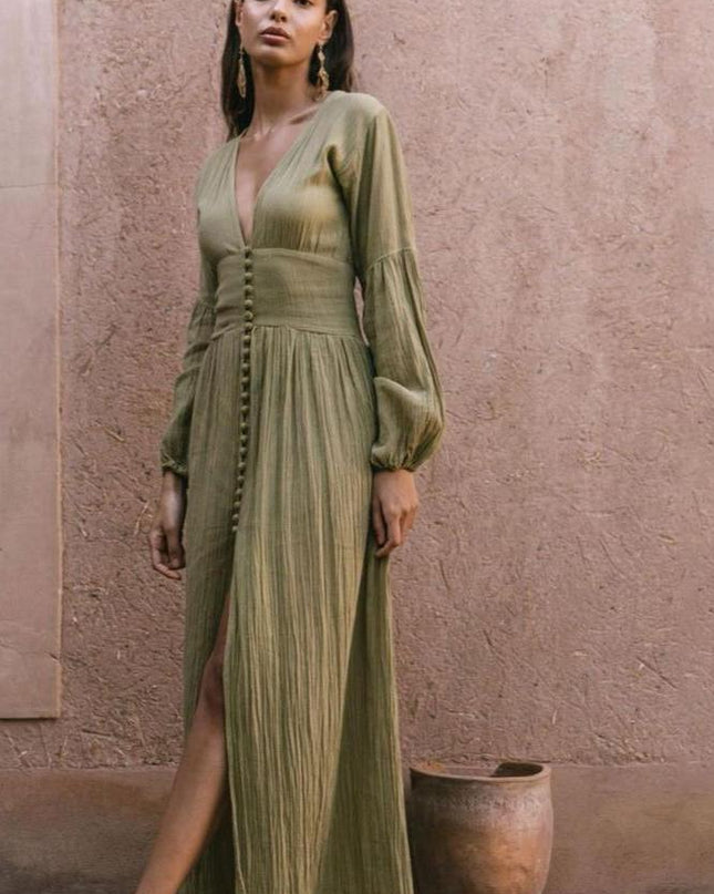 Giselle V yakalı Plisse Maxi Milkmaid Elbise