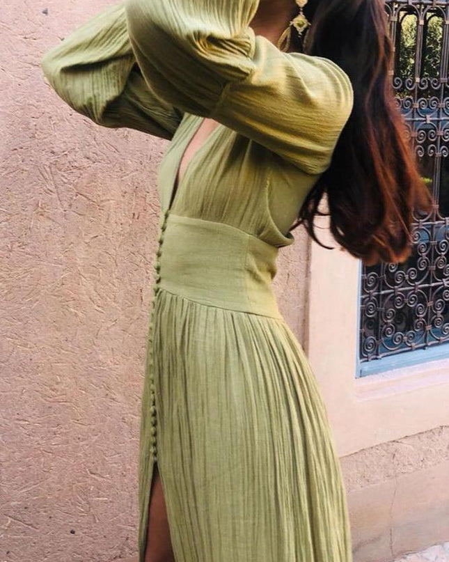 Giselle V yakalı Plisse Maxi Milkmaid Elbise