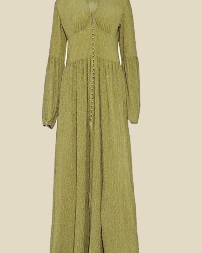 Giselle V yakalı Plisse Maxi Milkmaid Elbise