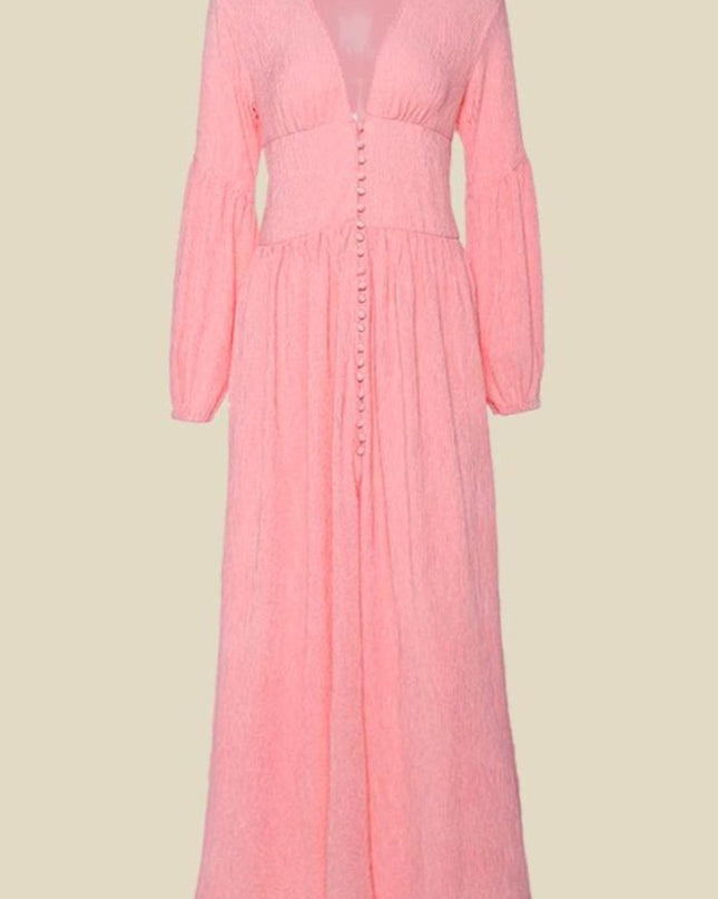 Giselle V yakalı Plisse Maxi Milkmaid Elbise