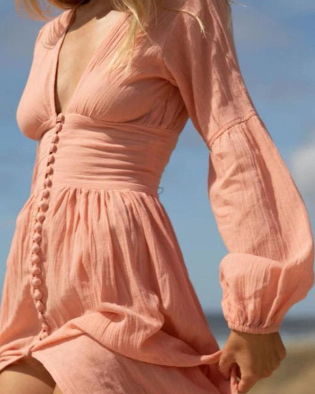 Giselle V yakalı Plisse Maxi Milkmaid Elbise