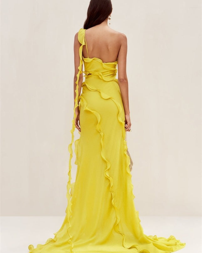 Gloria Tek Omuzlu Volanlı Uzun Şifon Elbise