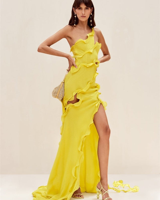 Gloria Tek Omuzlu Volanlı Uzun Şifon Elbise