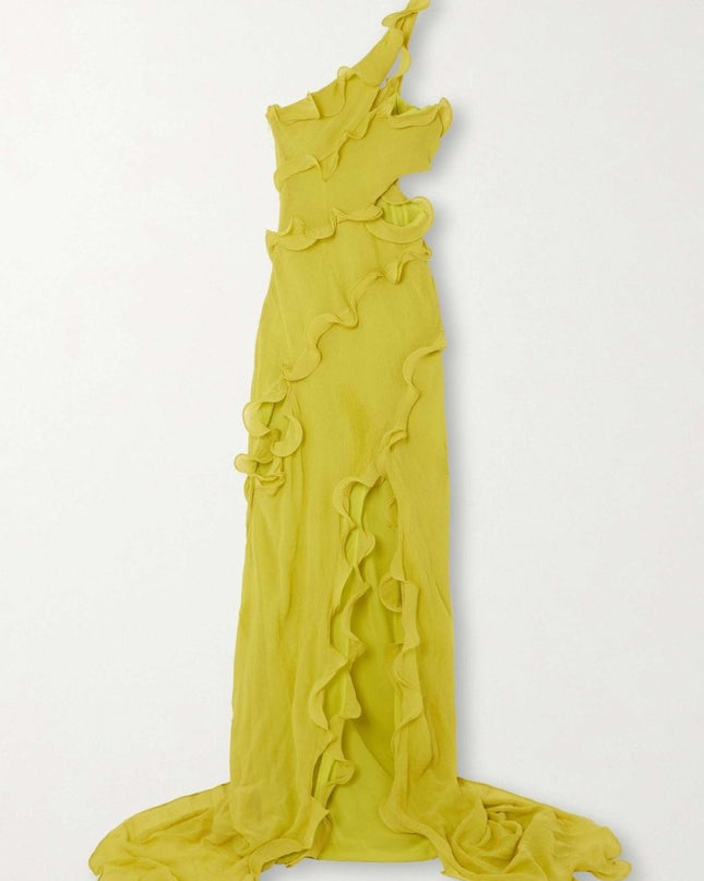 Gloria Tek Omuzlu Volanlı Uzun Şifon Elbise