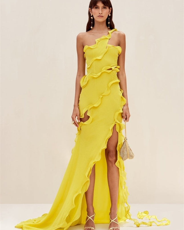 Gloria Tek Omuzlu Volanlı Uzun Şifon Elbise