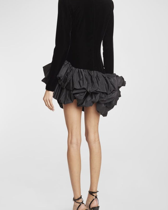 Hermosa Ruffle Asimetrik Etek Mini Kadife Elbise