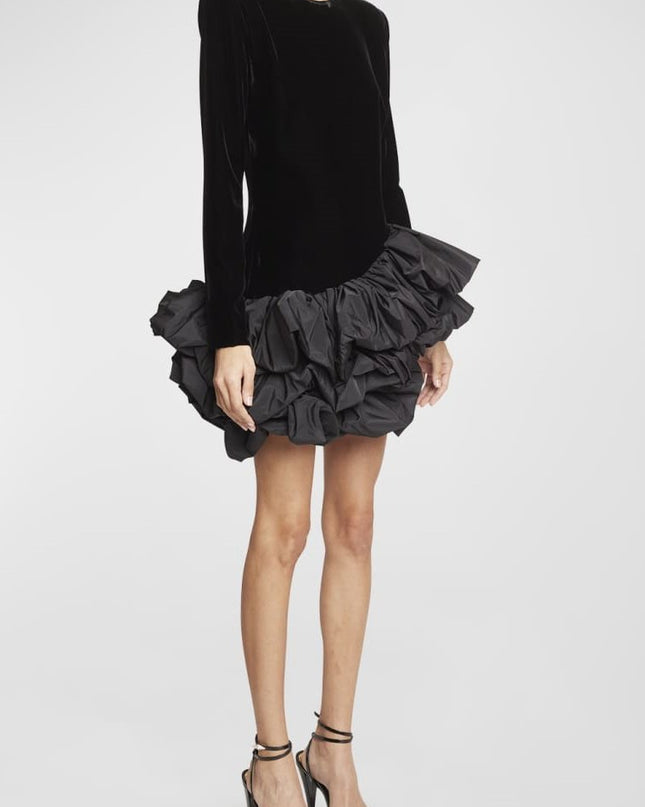 Hermosa Ruffle Asimetrik Etek Mini Kadife Elbise