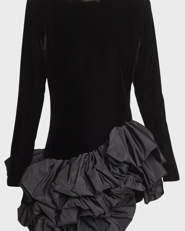 Hermosa Ruffle Asimetrik Etek Mini Kadife Elbise
