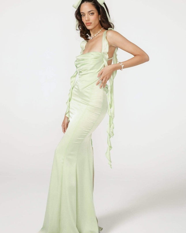 Hilda Ruffle Ribbon Sırtı Açık Uzun Elbise