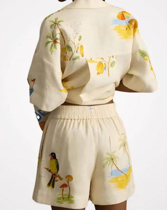 Benzersiz Tatil Halk Çiçek Baskı Gevşek Şort İki Parçalı Set