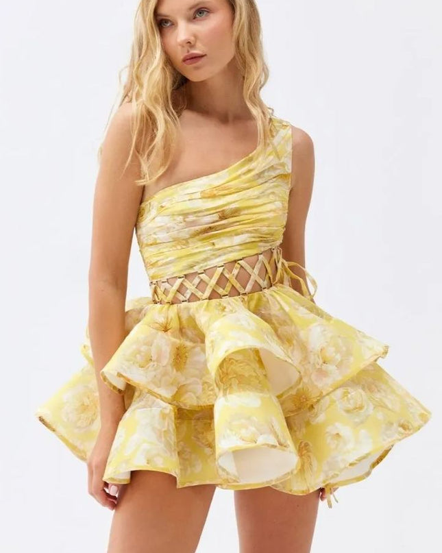 Andrea Çiçek Baskılı Tek Omuz Mini Şifon Elbise