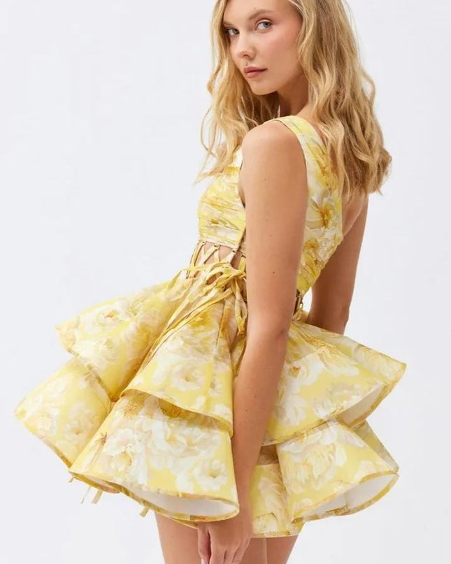 Andrea Çiçek Baskılı Tek Omuz Mini Şifon Elbise