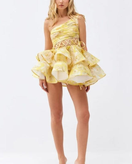 Andrea Çiçek Baskılı Tek Omuz Mini Şifon Elbise