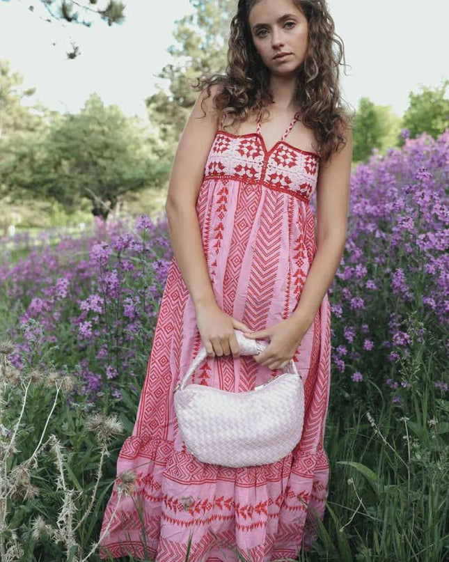 Naomi Baskılı İşlemeli Bağcıklı Askılı Midi Elbise