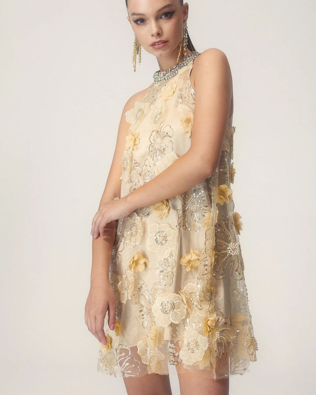 Ella Halter Çiçek İşlemeli Payetli Mini Elbise