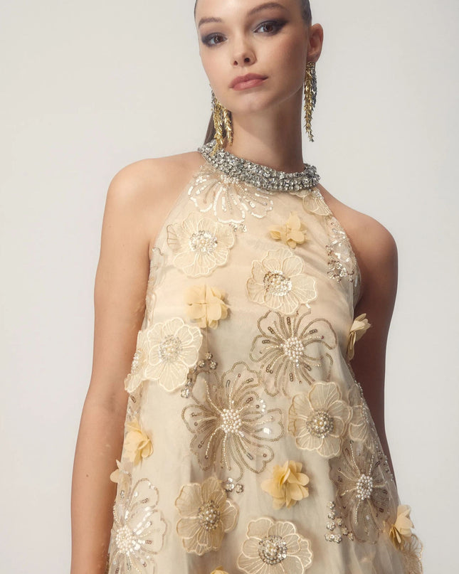 Ella Halter Çiçek İşlemeli Payetli Mini Elbise