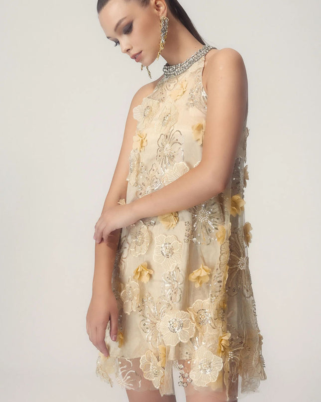 Ella Halter Çiçek İşlemeli Payetli Mini Elbise