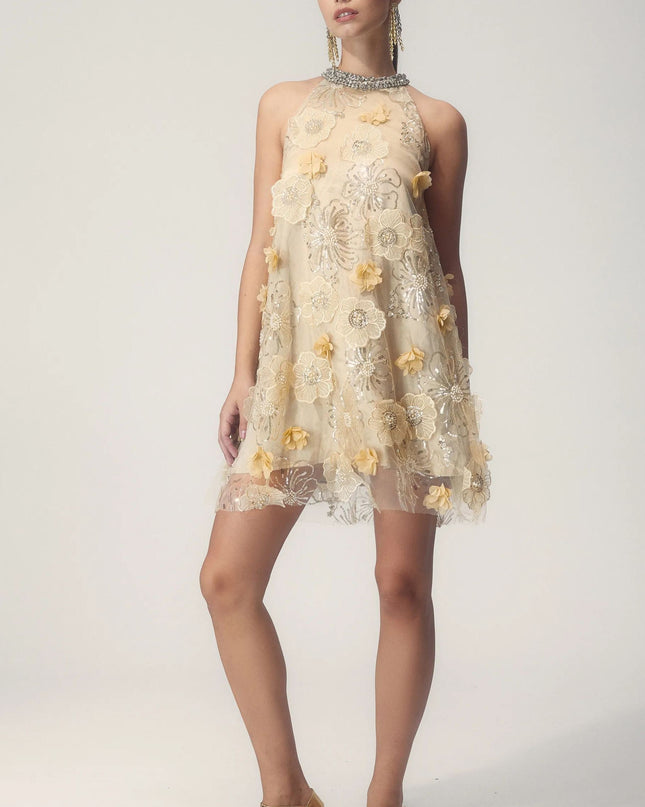 Ella Halter Çiçek İşlemeli Payetli Mini Elbise