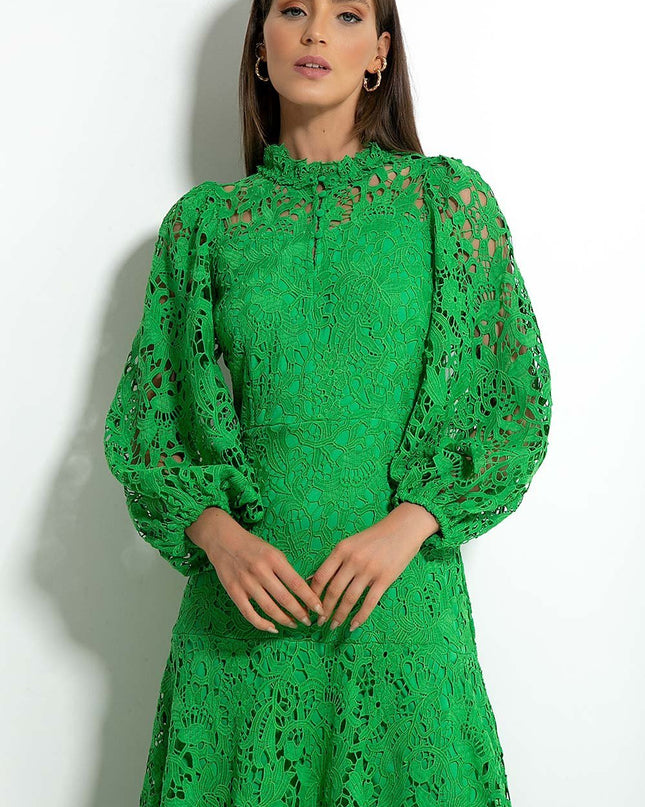 Joa İşlemeli Dantel Kenarlı Flare Uzun Elbise