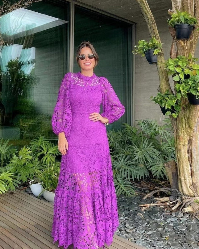 Joa İşlemeli Dantel Kenarlı Flare Uzun Elbise