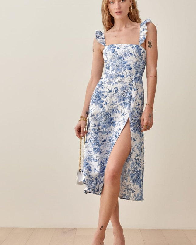 Joa Baskılı Volan Askılı Yırtmaçlı Midi Elbise