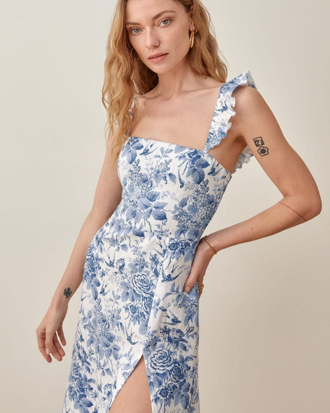 Joa Baskılı Volan Askılı Yırtmaçlı Midi Elbise