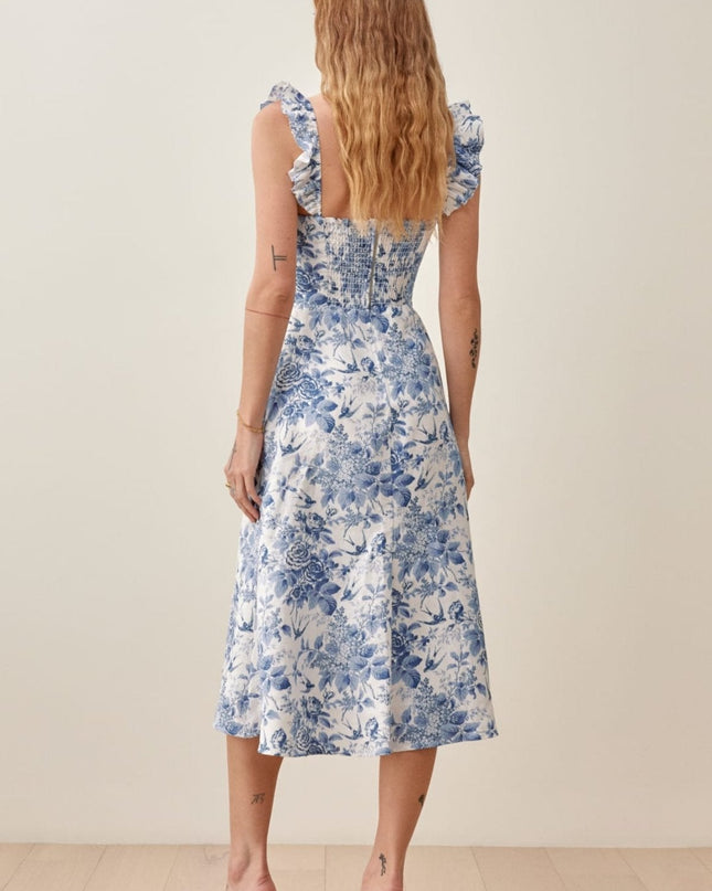 Joa Baskılı Volan Askılı Yırtmaçlı Midi Elbise