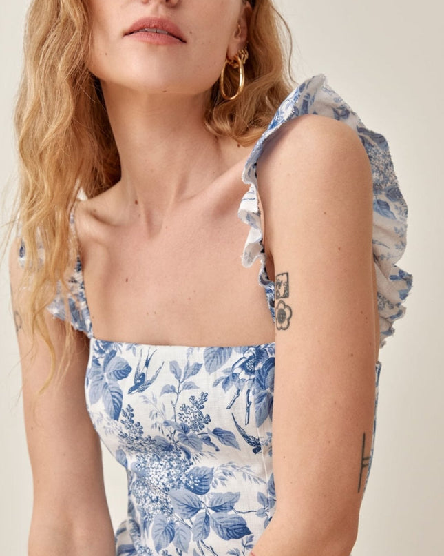 Joa Baskılı Volan Askılı Yırtmaçlı Midi Elbise