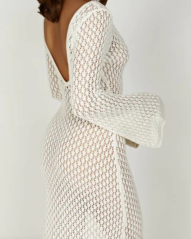 Josie V yakalı kesik örgü uzun elbise