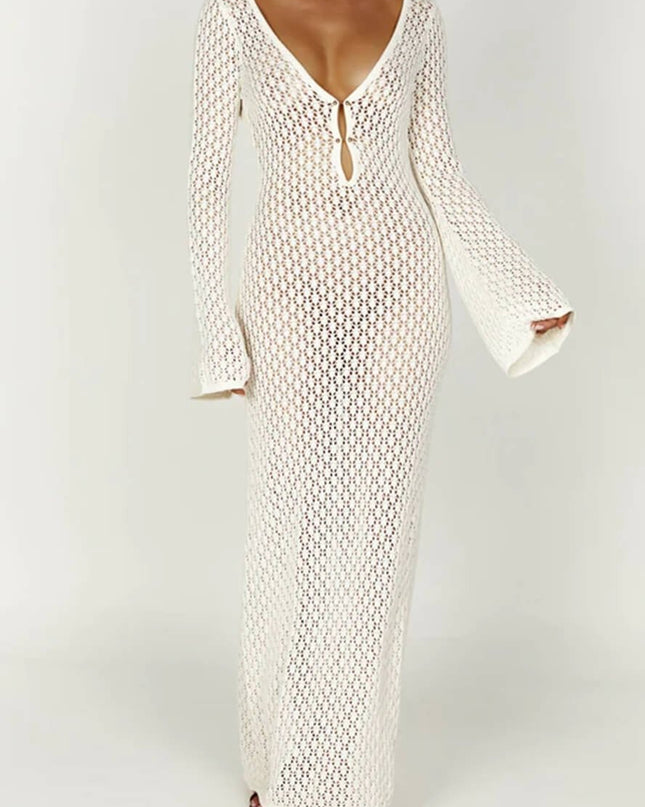 Josie V yakalı kesik örgü uzun elbise