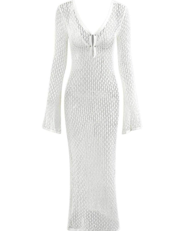 Josie V yakalı kesik örgü uzun elbise