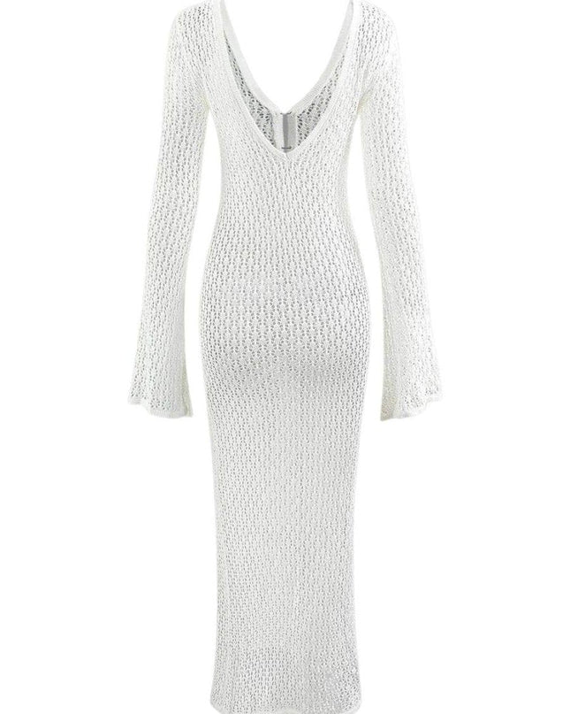 Josie V yakalı kesik örgü uzun elbise