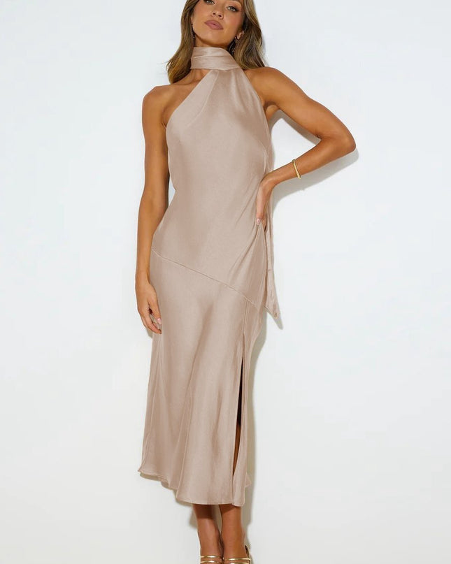 Nad Cowl Halter Yaka Saten Midi Elbise