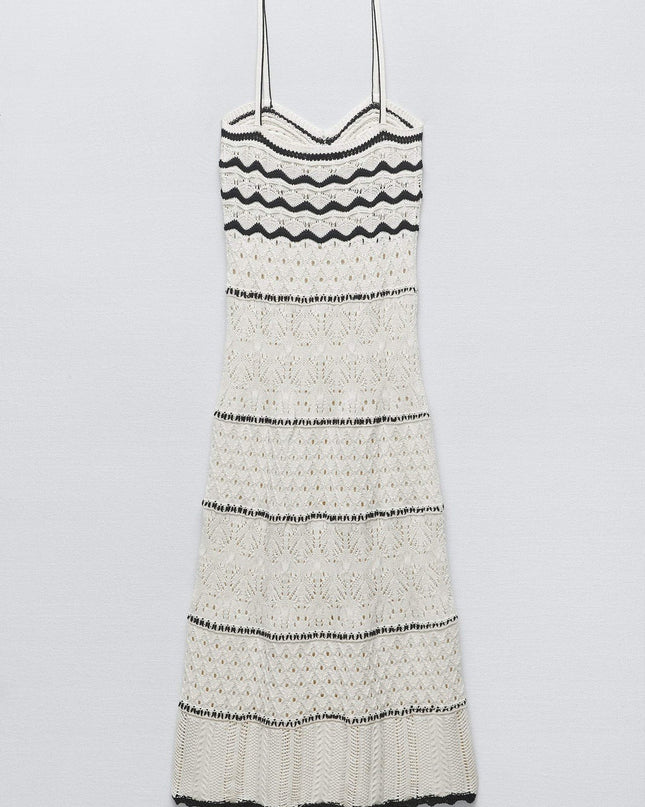 Nan Kontrast Tığ İşi Uzun Askılı Elbise