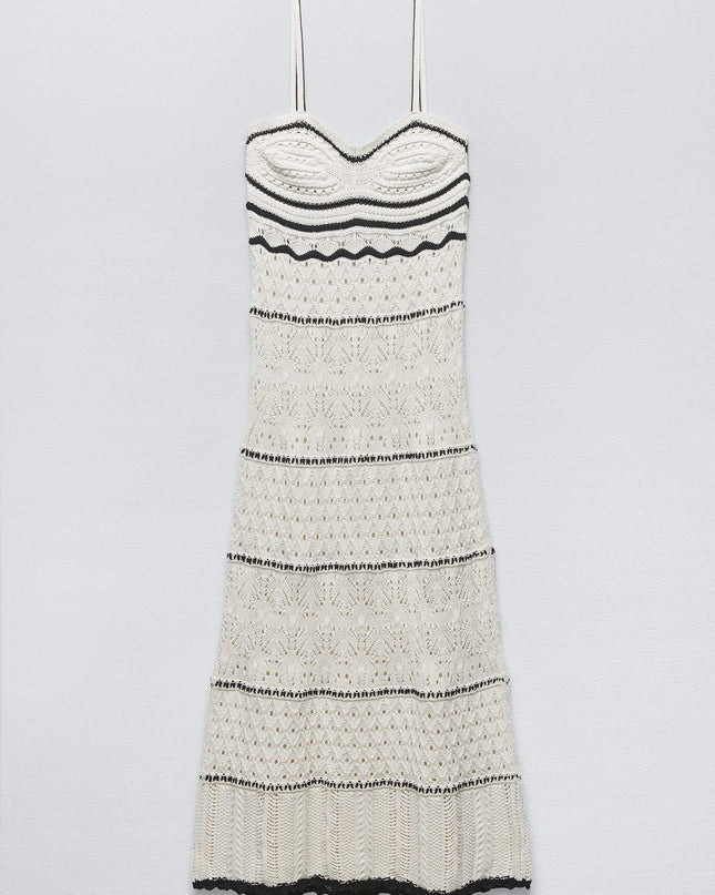 Nan Kontrast Tığ İşi Uzun Askılı Elbise