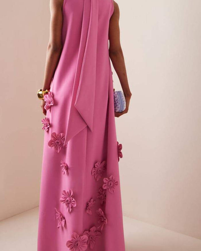 Ethel Çiçek İşlemeli Kolsuz Uzun Elbise