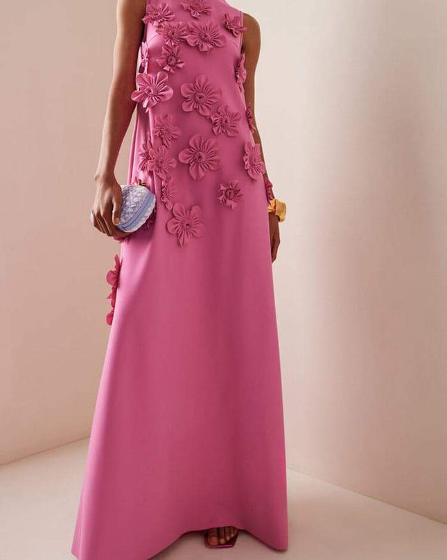 Ethel Çiçek İşlemeli Kolsuz Uzun Elbise