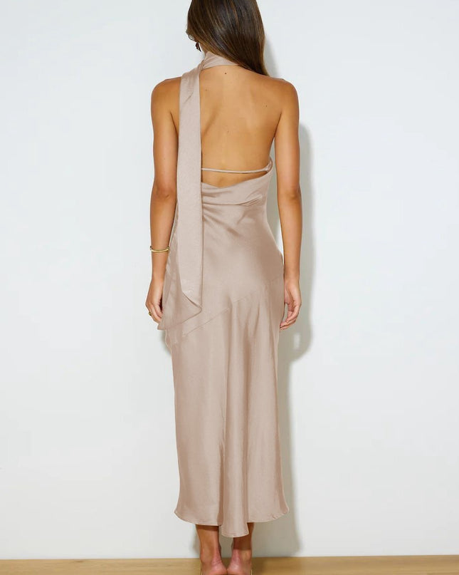 Nad Cowl Halter Yaka Saten Midi Elbise