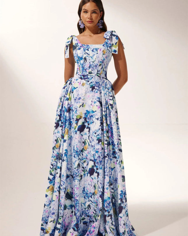 Kacey Ortanca Baskılı Askılı Uzun Elbise
