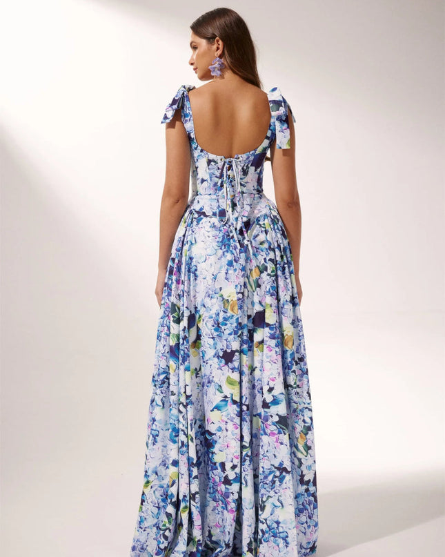 Kacey Ortanca Baskılı Askılı Uzun Elbise