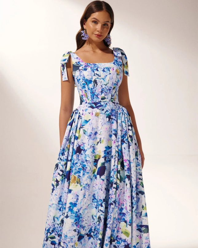 Kacey Ortanca Baskılı Askılı Uzun Elbise