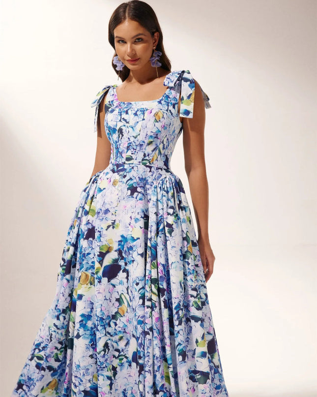 Kacey Ortanca Baskılı Askılı Uzun Elbise