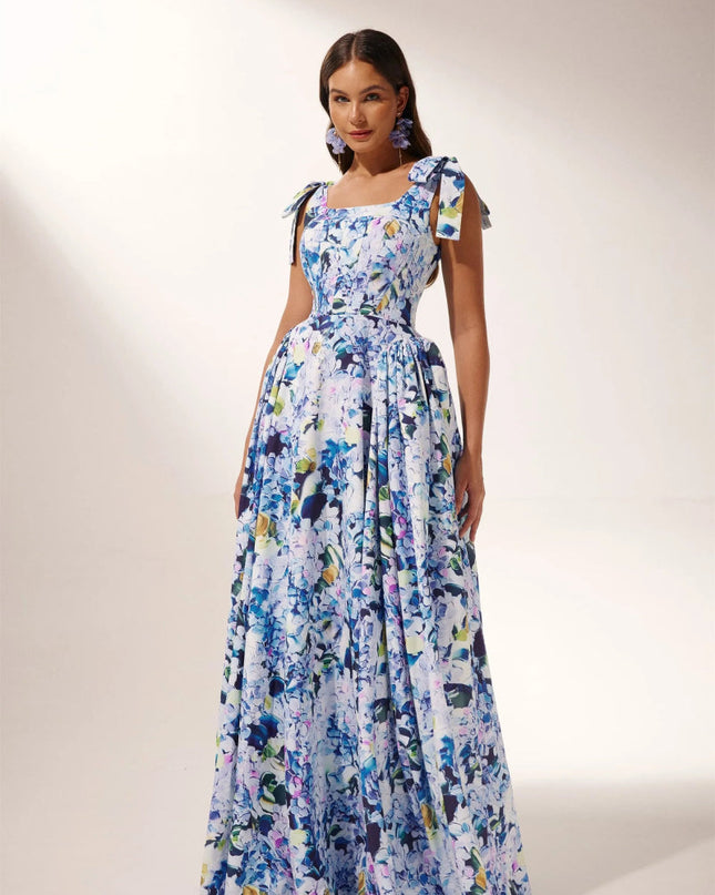 Kacey Ortanca Baskılı Askılı Uzun Elbise