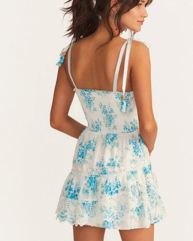 Liv Baskılı İşlemeli Dantel Katmanlı Mini Elbise