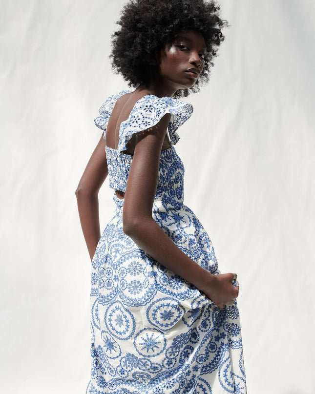 Maud İşlemeli Dantel Büzgülü Göğüs Midi Elbise