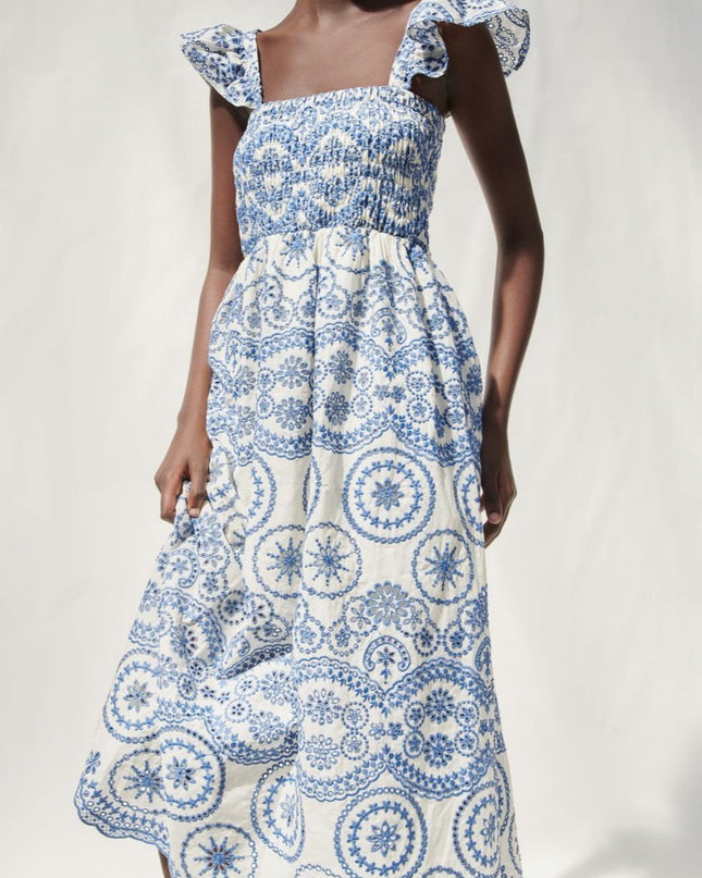 Maud İşlemeli Dantel Büzgülü Göğüs Midi Elbise