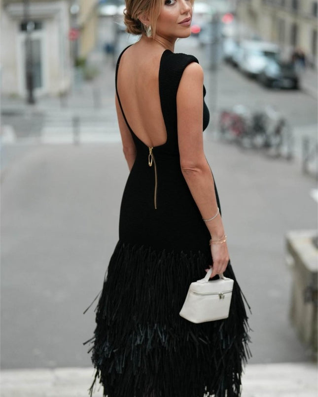 Mavis Sırtı Açık Püsküllü Örgü Midi Elbise