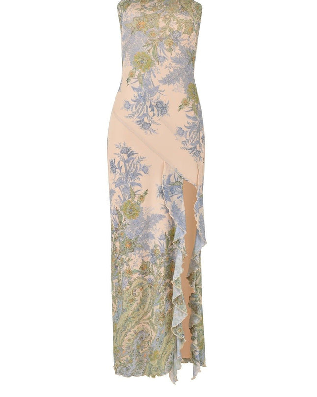 Melinda Baskılı Straplez Yırtmaçlı Midi Elbise