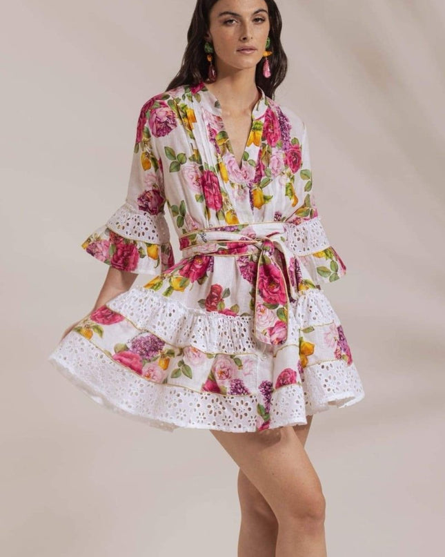 Melissa Baskılı Dantel Kenarlı Volanlı Mini Elbise